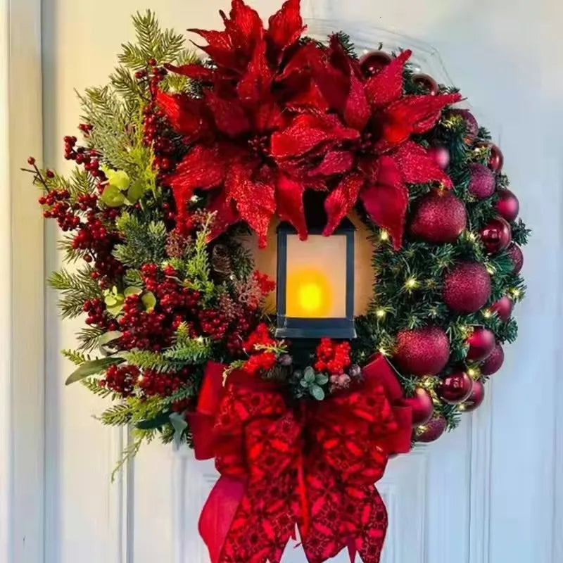 45cm Red Wreath With Lamp For Front Door Red Ball Flower Garland Xmas Ornament Window Wall Hanging Decor Christmas Decorations