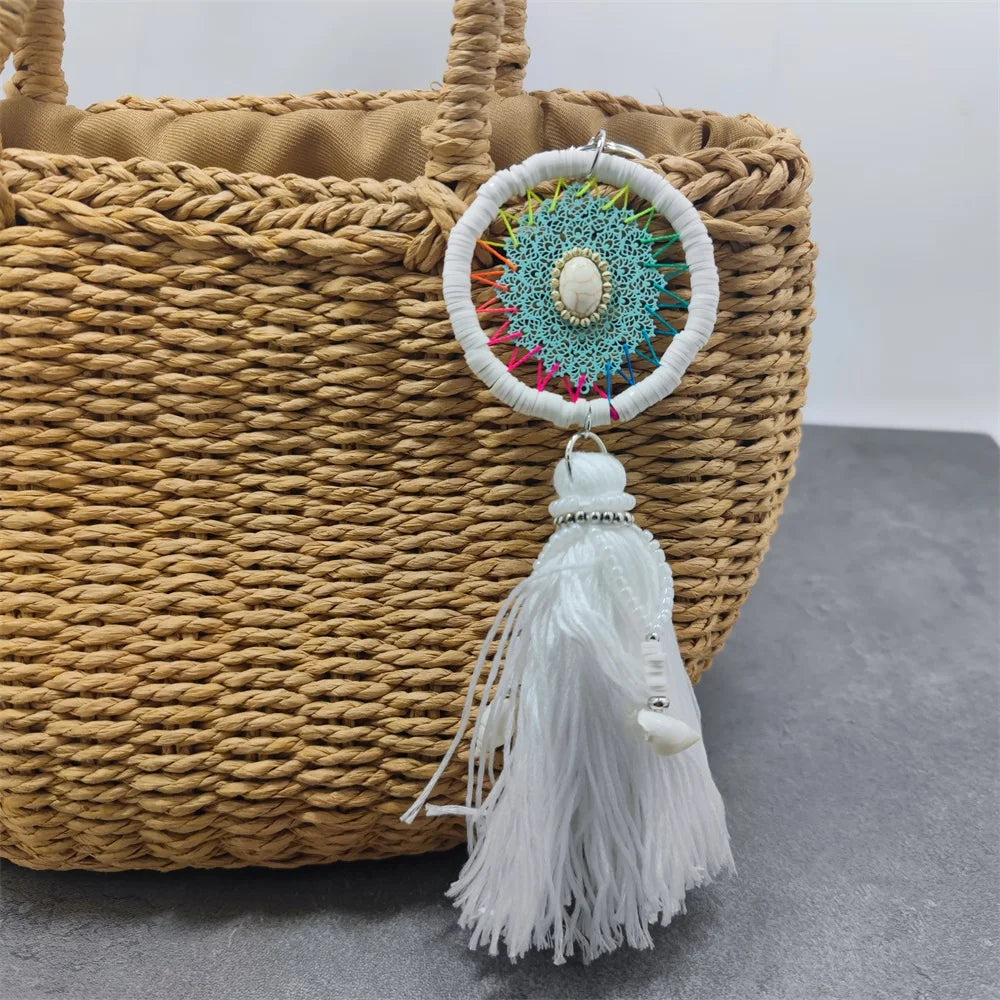 Leather Tassel With Colorful Pompons Handbag Accessorise Boho Style Keychains For Women Keyring Jewelry