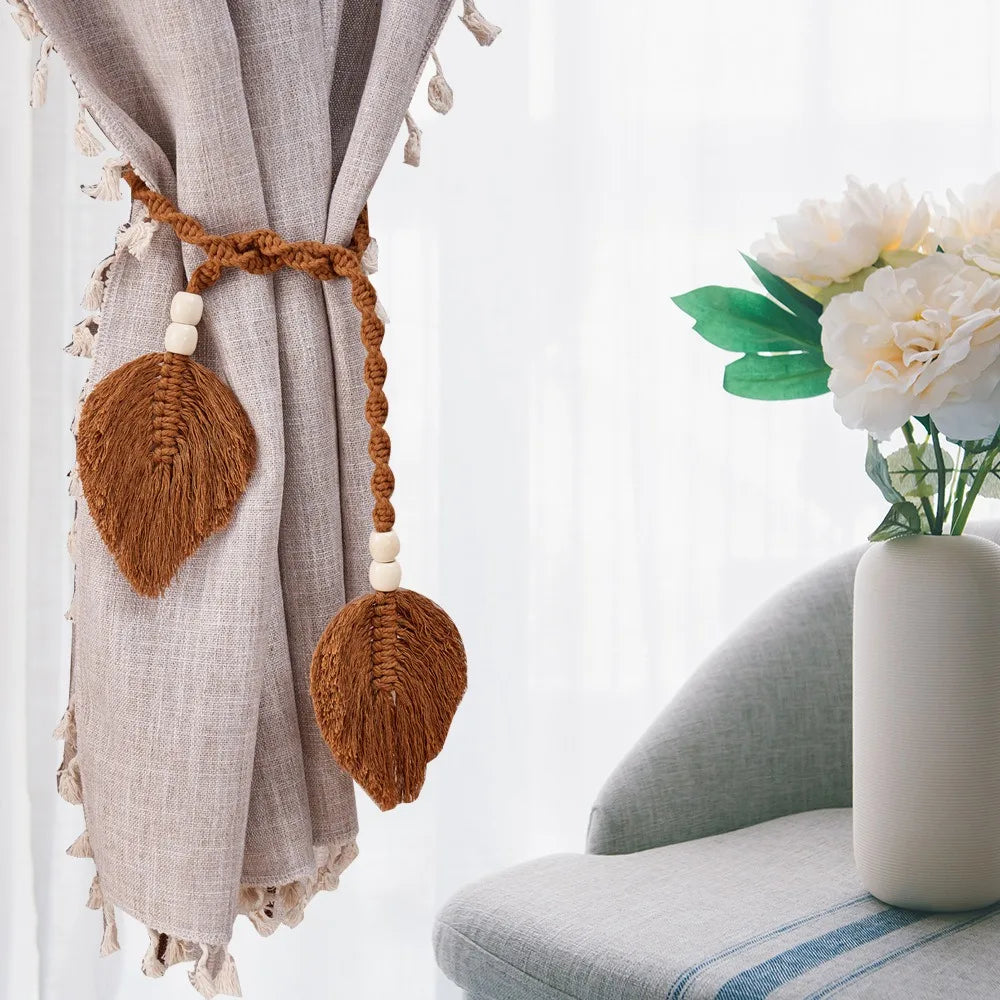 Boho Curtain Tiebacks Leaf Curtain Buckles with Wooden Bead Cotton Rope Hand-Woven Curtain Straps for Home Bedroom Decoration