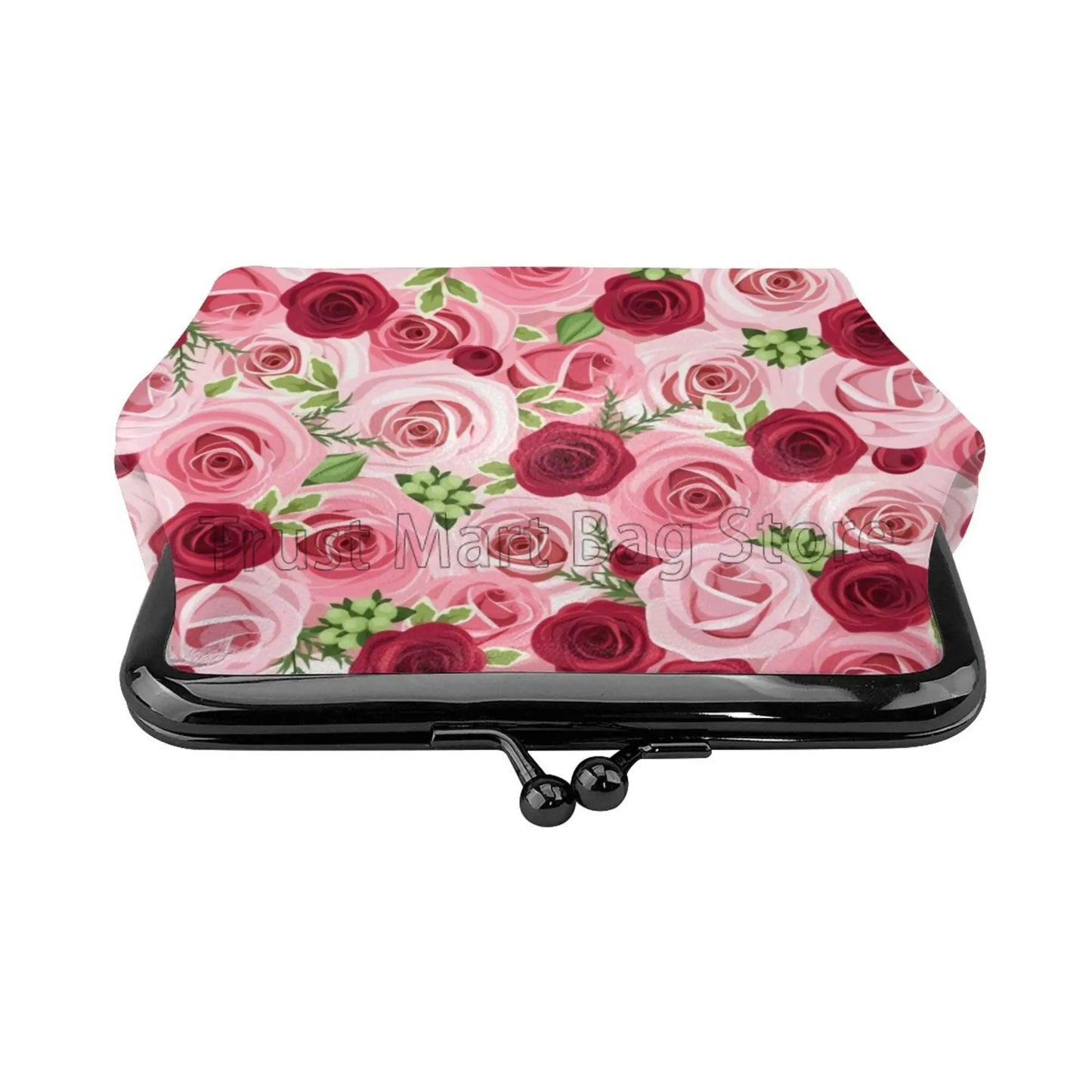 Hemasa Pink Red Rose Print Leather Coin Purse Small Kiss-Lock Change Pouch Clasp Closure Buckle Wallet for Women /Girls /Wife