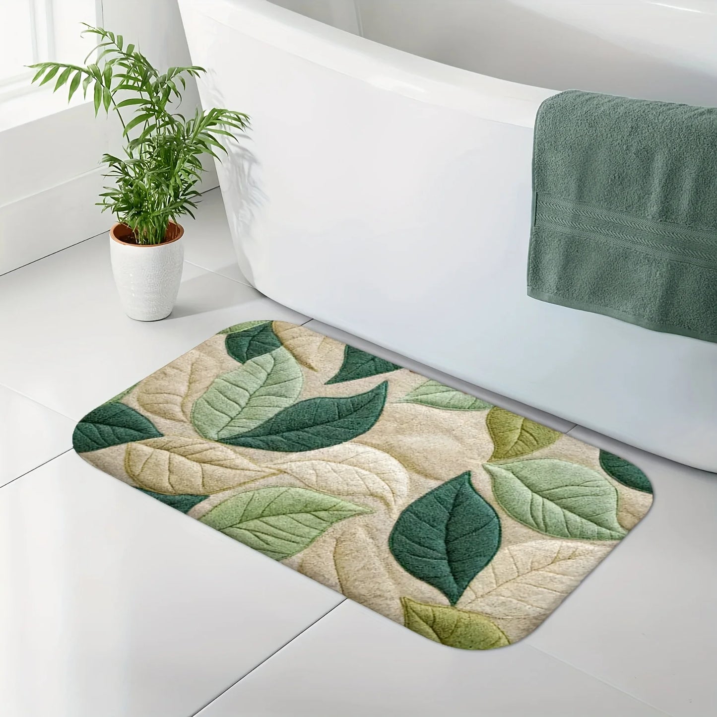 Hemasa Green Leaf Pattern Bath Mat/Soft Flannel Non-Slip Rug/Kitchen/Entryway/Shower