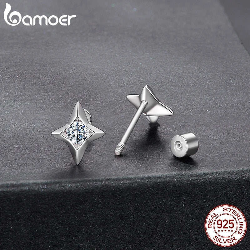 BAMOER Starlight Moissanite Screw-back Earrings, Mini Starburst Round Cut Lab Created Diamond for Women Engagement Gift S925