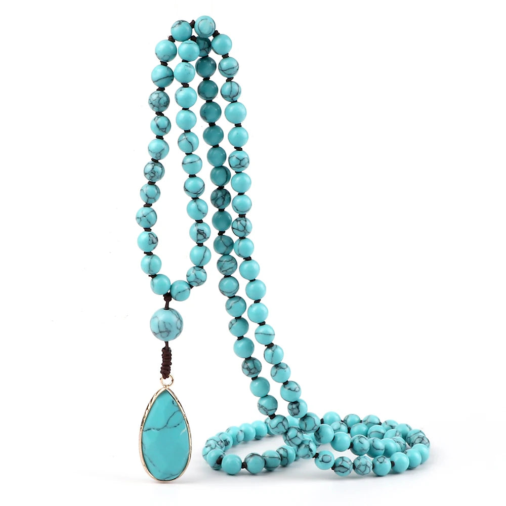 Fashion Water Drop Pendant Necklace For Women Natural Blue Stone Beaded Necklace 108 Beads Japamala Prayer Necklace Men Jewelry