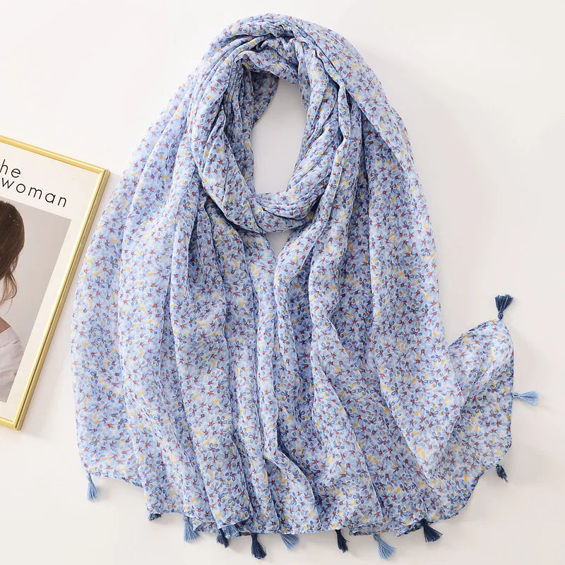Elegant Woman Shawl Fashion Design Tassel Cotton Scarf Muslim Hijab Scarfs Floral Print Ladies Scarves For Beach Party Bandana