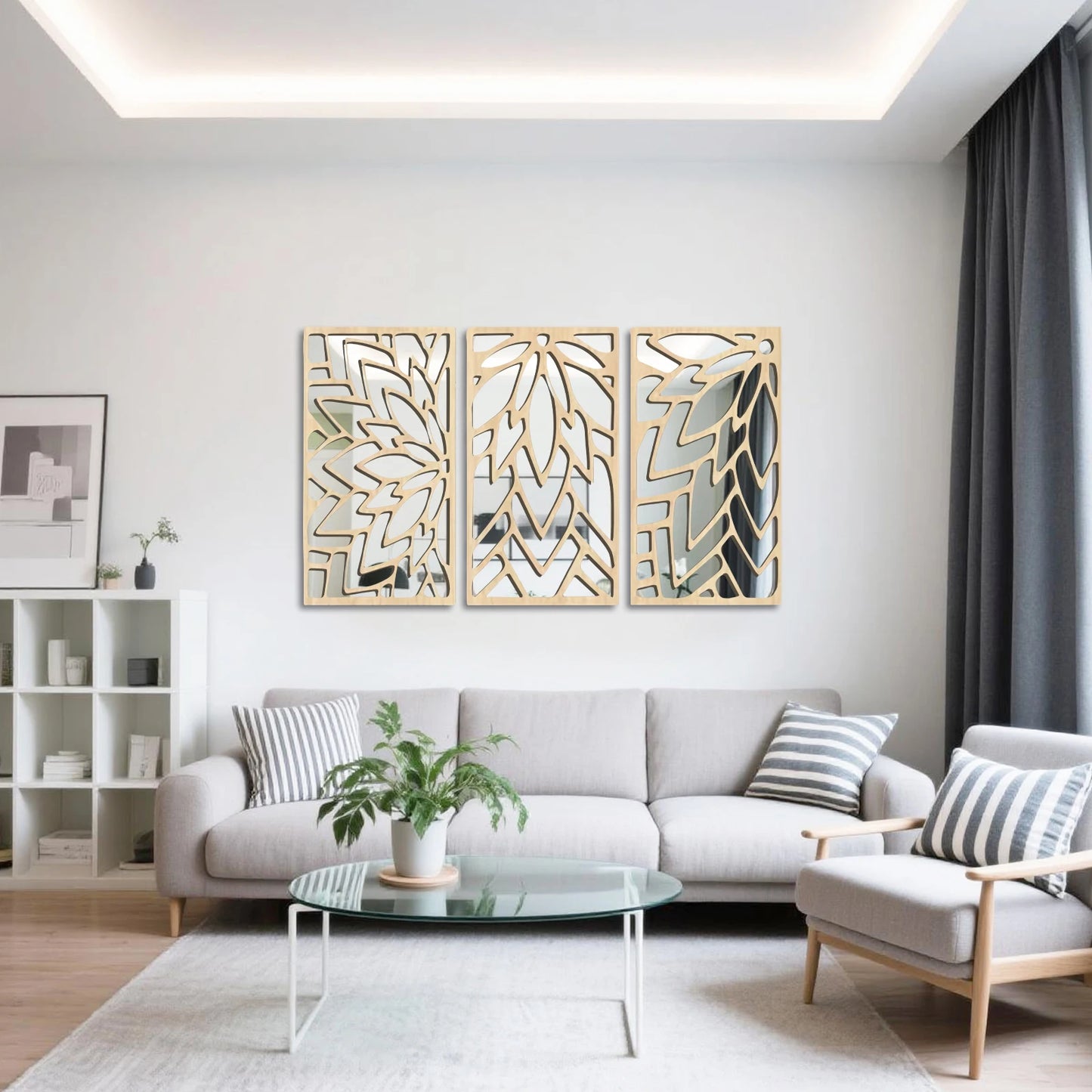 Hemasa 3Pcs 2D 16in Wooden Acrylic Double-Layer Wall Mirror Hollow Leaf Design Refined Lifestyle Artistic Home Decorative Mirror
