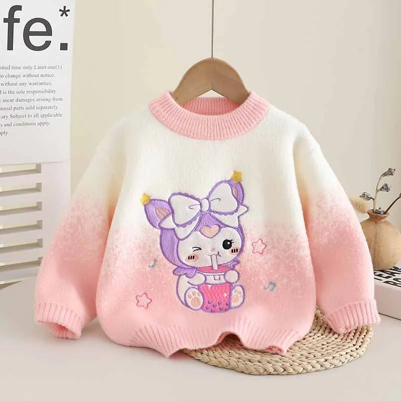 Girls Trend Sweater 2024 New Autumn and Winter Outfit Knit Pullover Sweater Girls Cartoon Kuromi Tops Children Casual Base Shirt