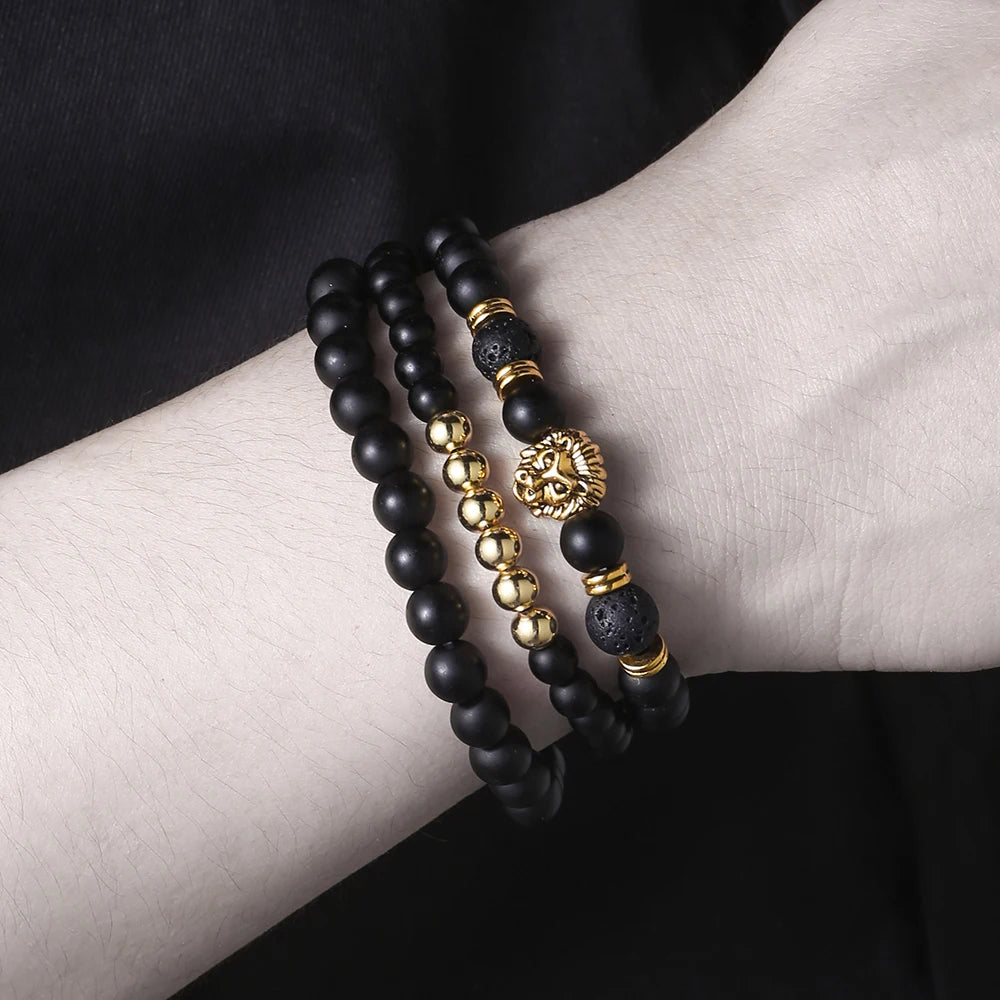 Vintage Lion Head Beaded Bracelets Men Obsidian Lava Stone Dog Paw Charm Bracelets & Bangles for Women Friendship Jewelry Gift