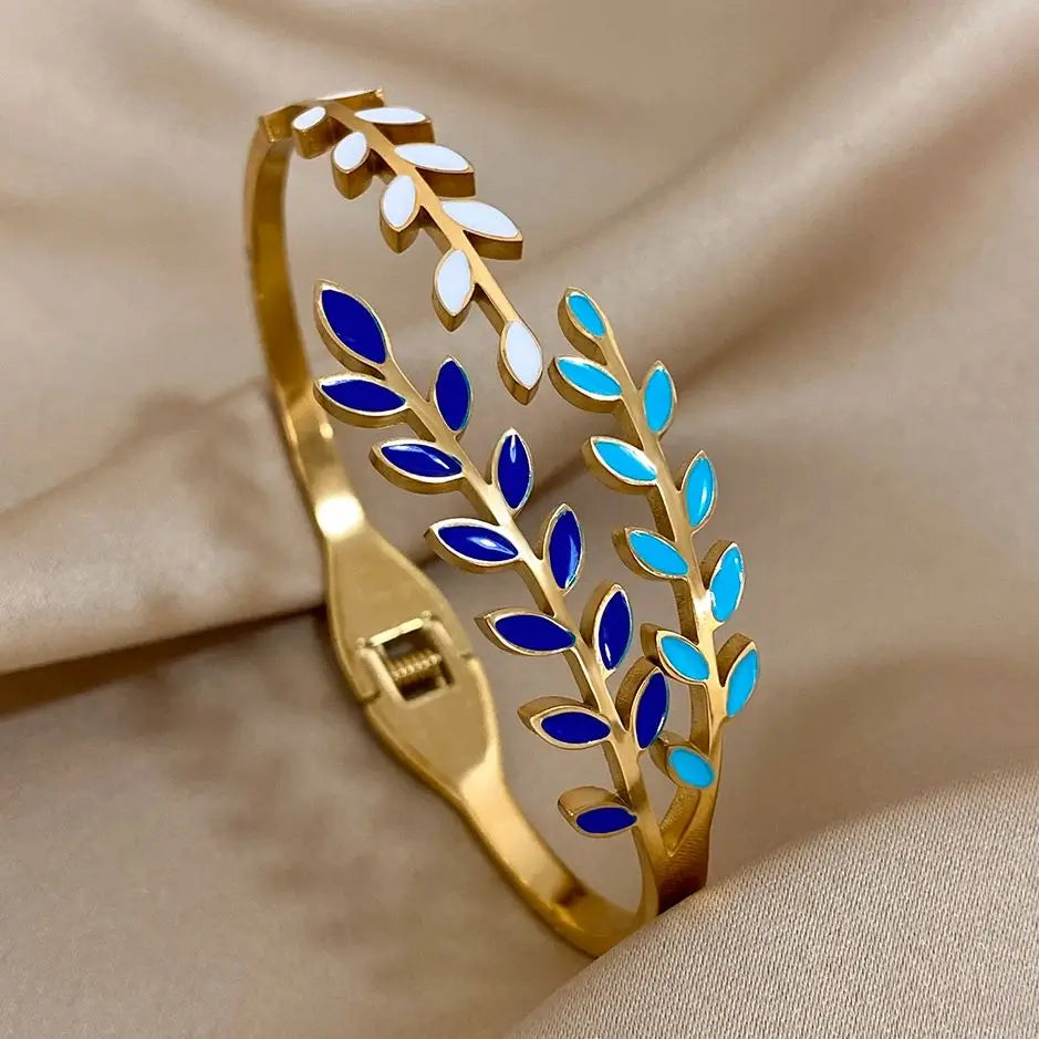 Fashion Colorful Enamel Leaves Bracelet Bangle for Women Charm 316L Stainless Steel Gold Color Bracelets Waterproof Jewelry