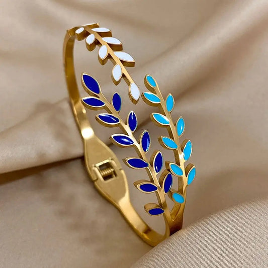 Fashion Colorful Enamel Leaves Bracelet Bangle for Women Charm 316L Stainless Steel Gold Color Bracelets Waterproof Jewelry