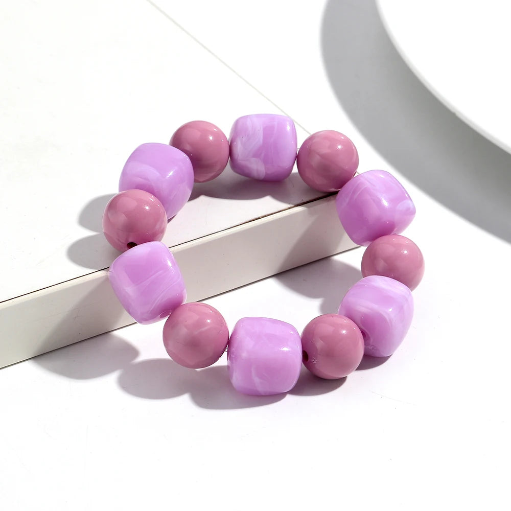 Bohemian Acrylic Geometric Square Round Beads Elastic Bracelets for Women Trendy Resin Beaded Stackable Bracelet Bangle Jewelry