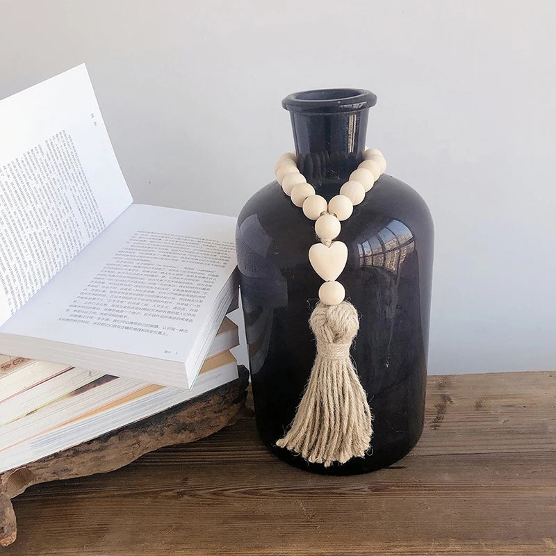 1Pc Log Color Wood Bead Garland Rustic Wall Hanging Hemp Rope Tassel Beaded with Heart Knot Woven Pendant Home Decoration