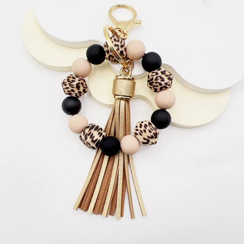 Hemasa Silicone Leopard Print Beads with  Tassel Car Keychain /Key Ring