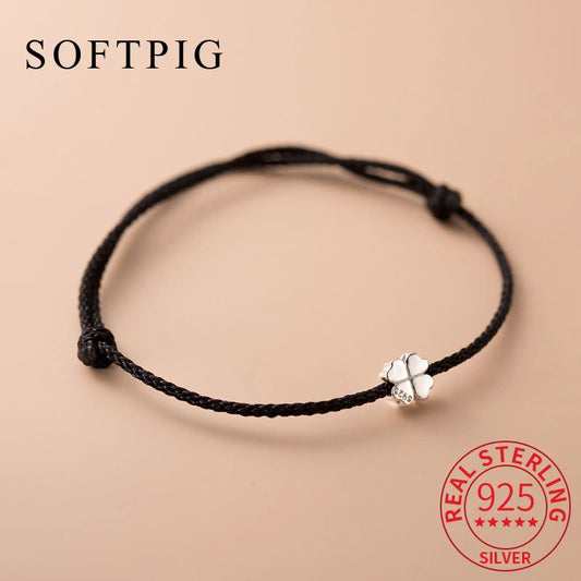 SOFTPIG Real S925 Sterling Silver Red Rope Clover Adjustable Charm Bracelet for Women Classic Fine Jewelry Plant Accessories