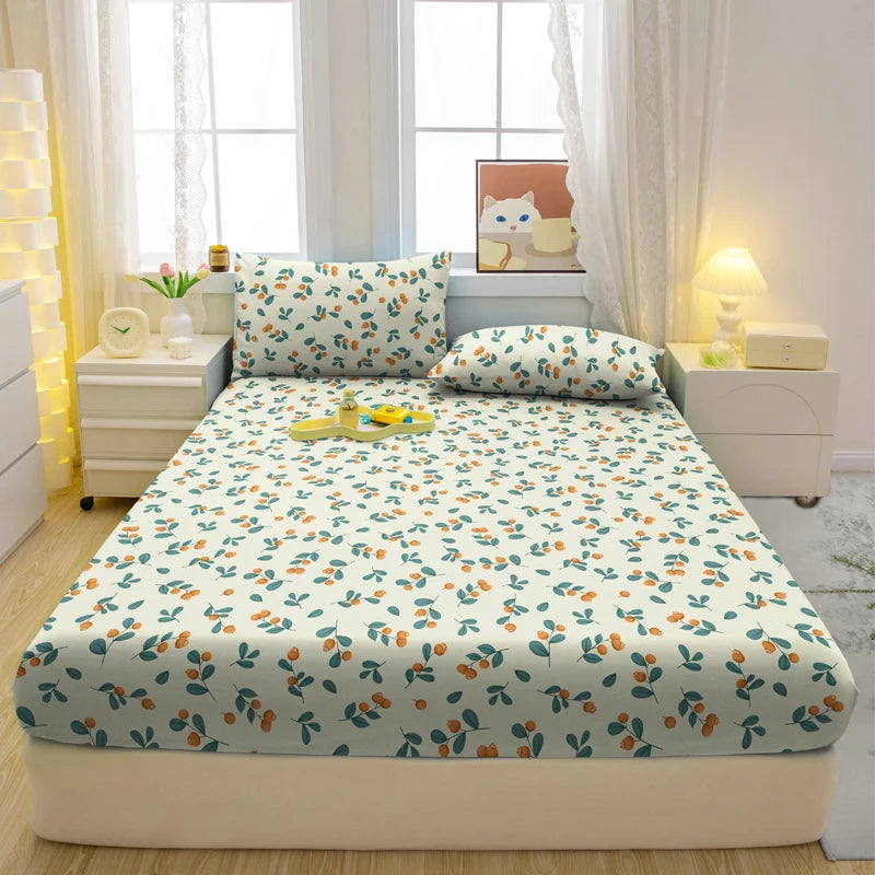 1 Simple Modern Plant Flower Printed Matte Fitted Sheet, Bedroom Printed Bed Cover, Bedding (Excluding Pillowcases)