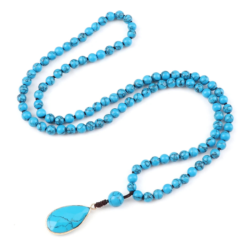 New Simple Pendant Necklaces 108 Mala Natural Blue Pine Stone Beads Meditation Necklaces Handmade Women Bohemia Jewelry Gift 6mm