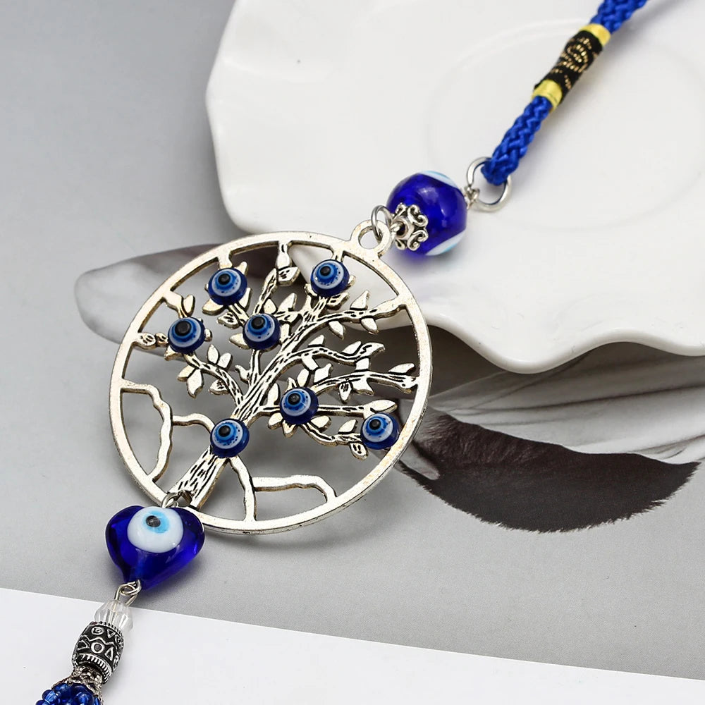 Lucky Eye Alloy Tree of Life Pendant Wall Hanging Tassel Heart Turkish Evil Eye Bead Keychain Car Keyring for Women Men Jewelry