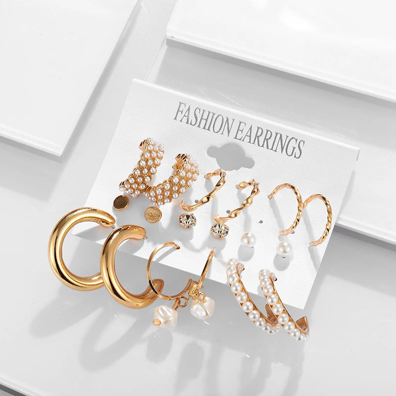 Hemasa  9Pairs/Set Bohemia Geometric Hoop Earring Set Vintage Boho Chain Pearl Earrings Women Star Heart Zircon Ear Studs Jewelry