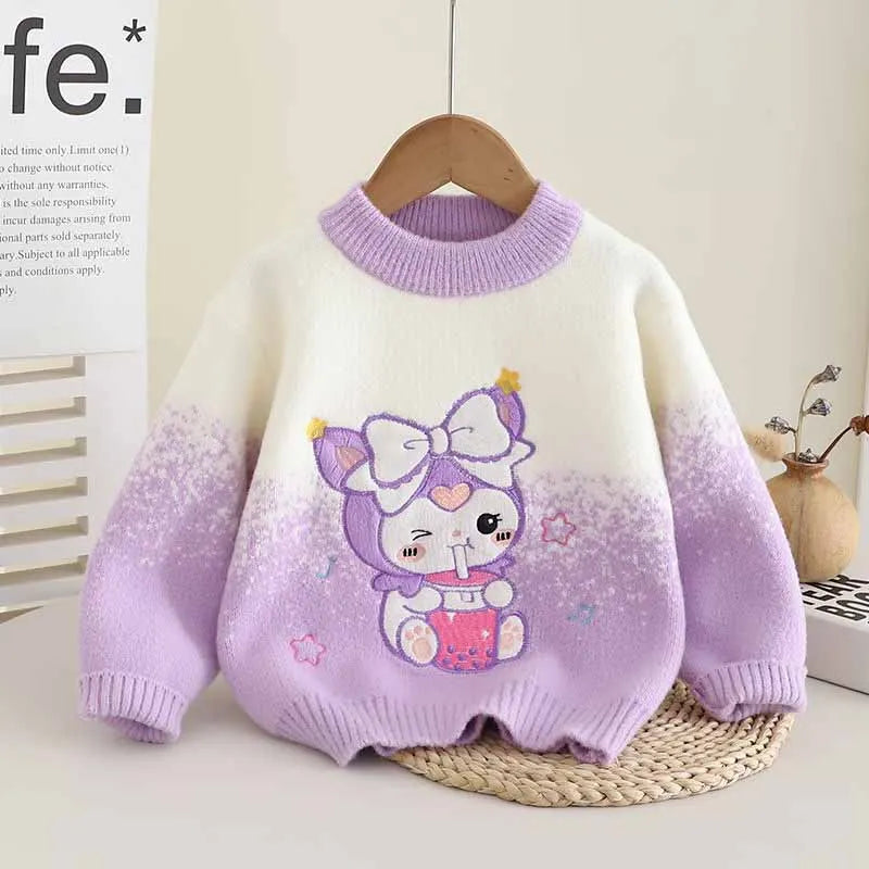Girls Trend Sweater 2024 New Autumn and Winter Outfit Knit Pullover Sweater Girls Cartoon Kuromi Tops Children Casual Base Shirt