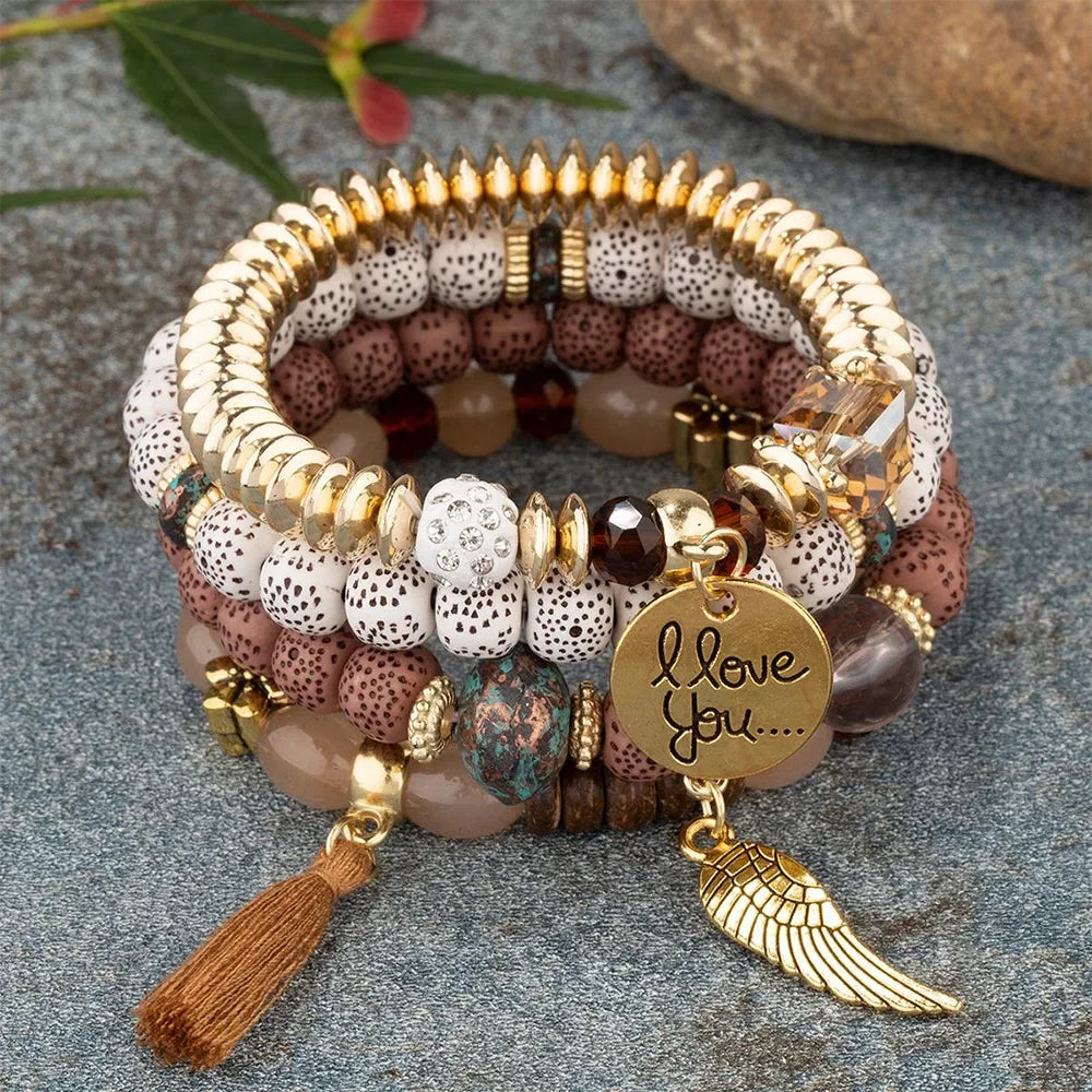4Pcs Bohemian Beaded Bracelet Set For Women I Love You Letter Round Wing Tassel Charm Elastic Chain Bangle Girls Boho Jewelry