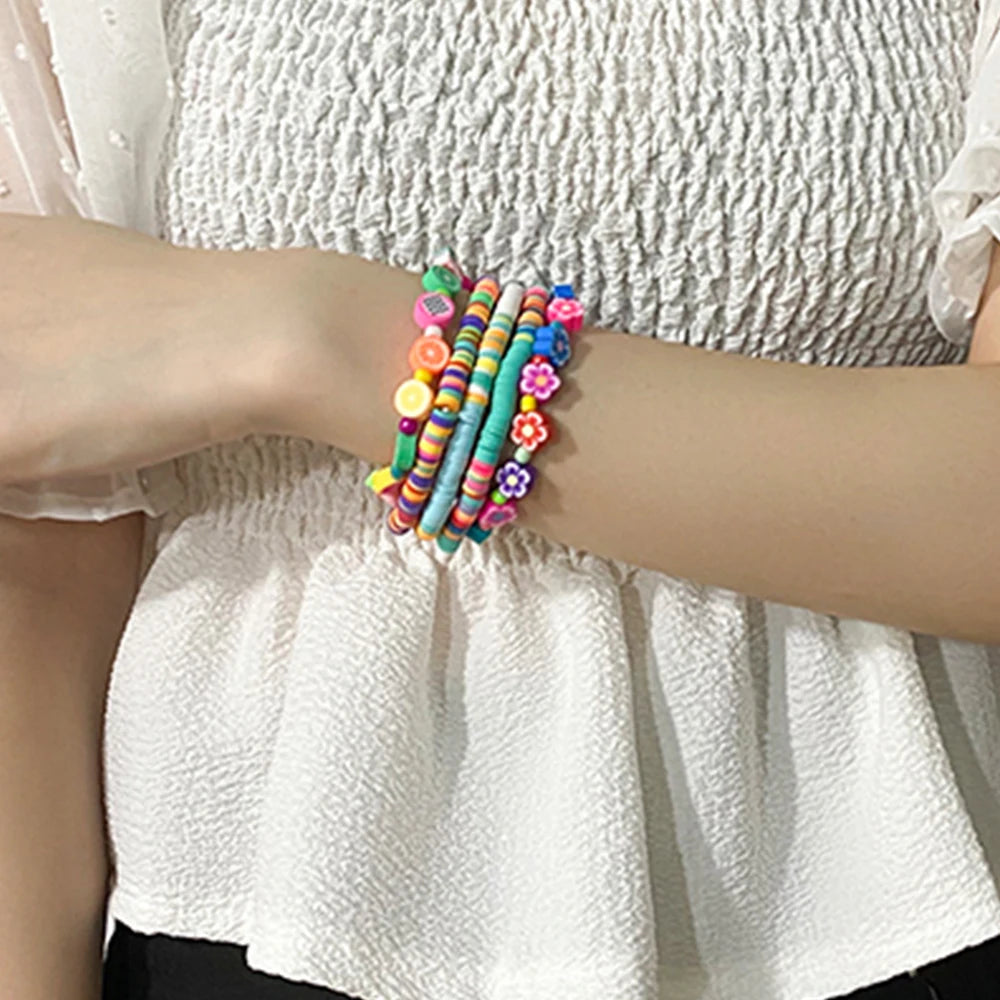 Hemasa Boho Beaded Stretch Bracelets Colorful Summer Fruit Flower Polymer Clay Preppy Stack Heishi Bracelets Friendship Party Jewelry