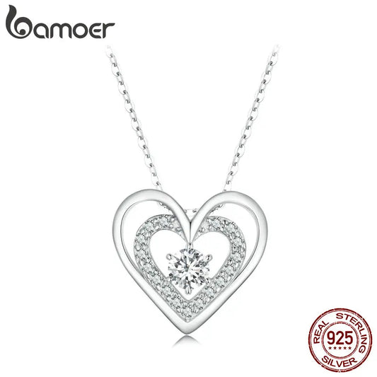 Bamoer 925 Sterling Silver Sparkling Double Heart Pendant Necklace Dancing Heart Neck Chain for Women Valentine's Day Gift