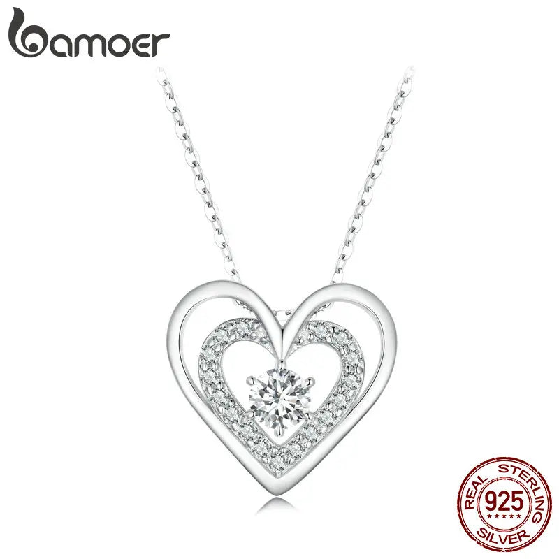 Bamoer 925 Sterling Silver Sparkling Double Heart Pendant Necklace Dancing Heart Neck Chain for Women Valentine's Day Gift