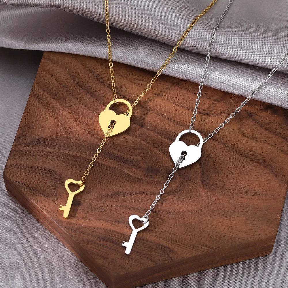 Stainless Steel Necklaces Trendy Fine Heart Lock Key Independent Pendants Fashion Chains Choker Necklace For Women Jewelry Gifts