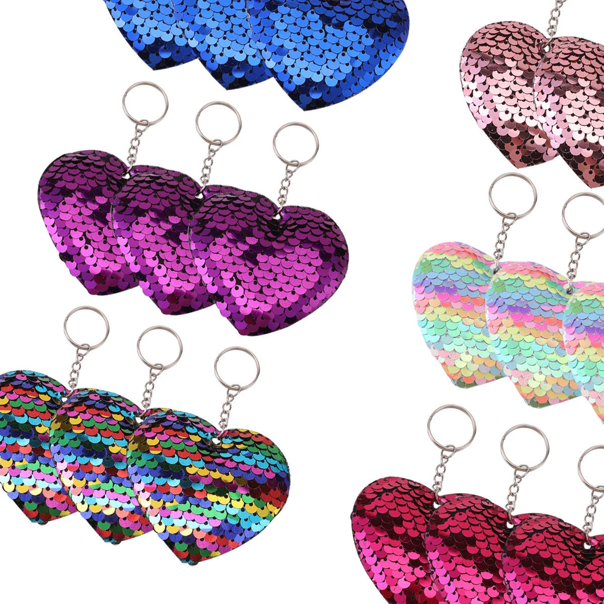 18 Pcs Sequin Flip Heart Keychains, Colorful Sequins Keyring Charms For Backpacks, daily use Party Favors, For Birthday, Easter