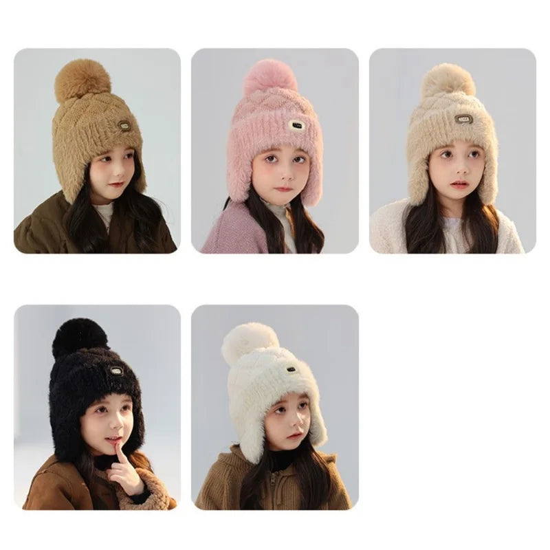 2024 Fashion Winter Girls Knitted Hats Warm Ear Protection Pink Beanie Hat Kids Wool Headwear Cap 3-10Y