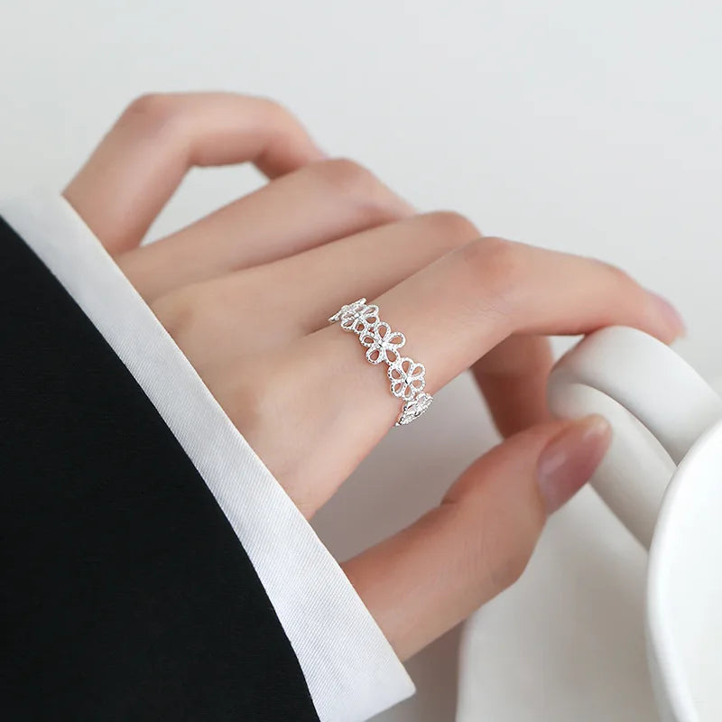 925 Sterling Silver Unique Hollow Flower Rings For Women Girls Jewelry Finger Adjustable Open Blossom Ring Party Birthday Gift
