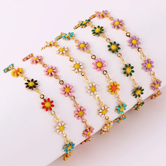 16+5cm Daisy Choker Girl Bracelet For Women Enamel Colorful Jewelry Flower Tennis Chain Boho Party Gift