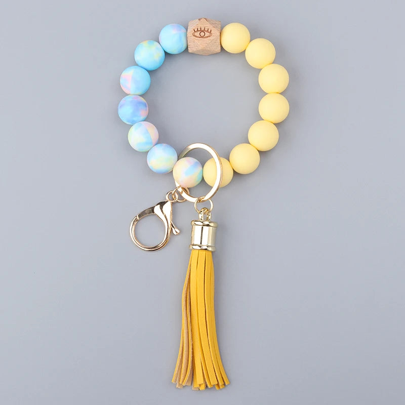 Colored Silicone Bead Bracelet PU Tassel Keychain Wristlet Bracelet Pendant Keychain Woman Man Jewelry Accessories Gifts