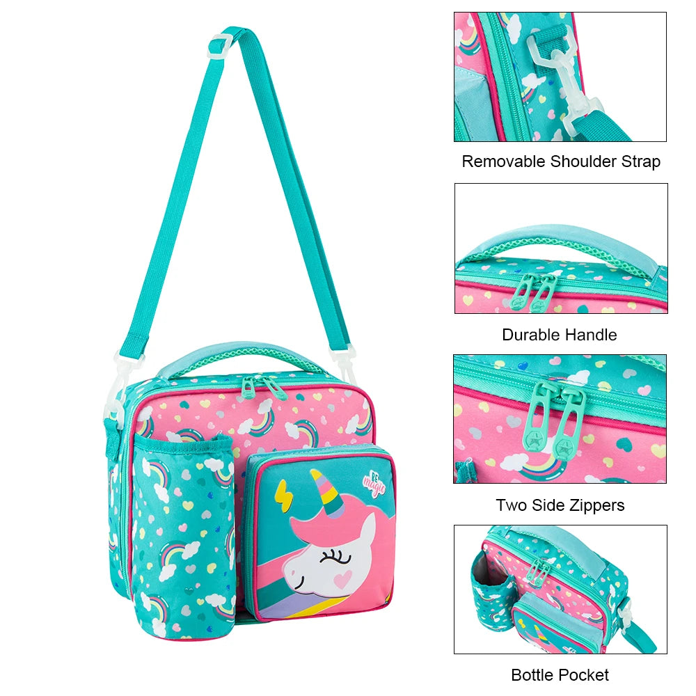 Tejesa  Lunch Bags for Children Unicorn Insulated Lunch Tote Bag for Boys Girls Adjustable Shoulder Strap Durable Handle Bottle Pocket