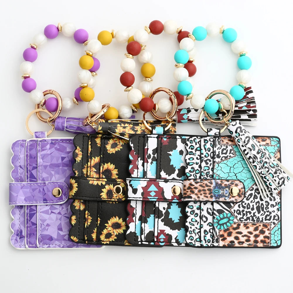 Hemasa Silicone Bead Bracelet  Leather Card Bag Wristlet Keychain Silicone Beaded Bracelet Leather Tassel Wallet Bangle