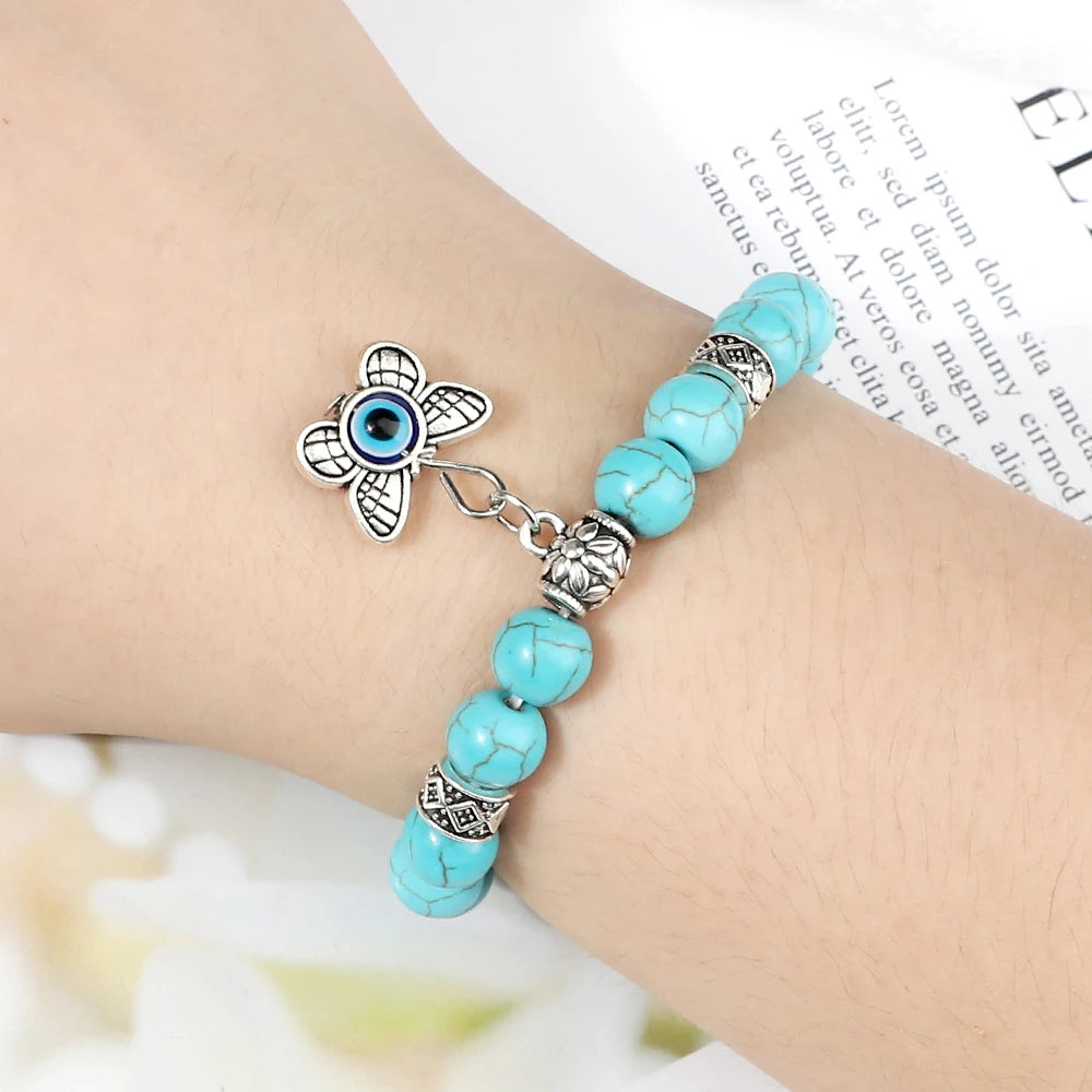 6 8mm Blue Natural Stone Bracelets Women Classic Owl Beaded Charm Yoga Bracelets Bangles Couple Wristband Jewelry Gifts Pulsrea