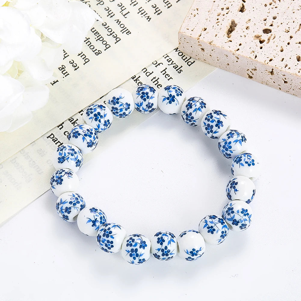 Chinese Style Blue and White Porcelain Beads Bracelet for Women Classical Simple Blue Pattern Bracelets Girls Charm Jewelry Gift