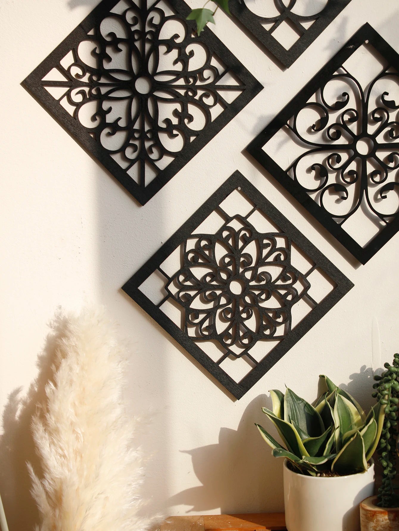 Tejesa 4Pcs Black Wooden Hollow Wall Decor /Boho Home Decoration Hexagon Square Hanging Wall Decor
