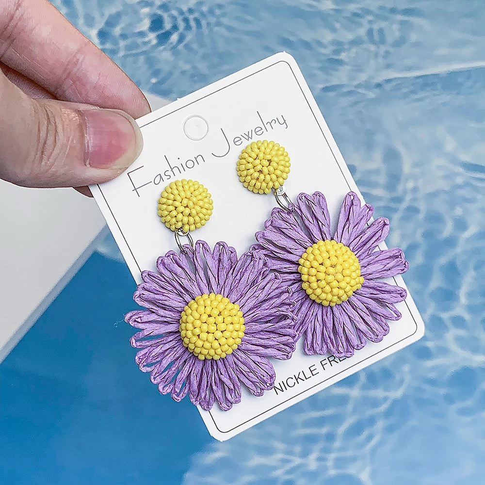 Colorful Sun Flower Raffia Bead Earrings For Women Girl Handmade Bohemian Rattan Knit Earrings Summer Party Jewelry Gifts