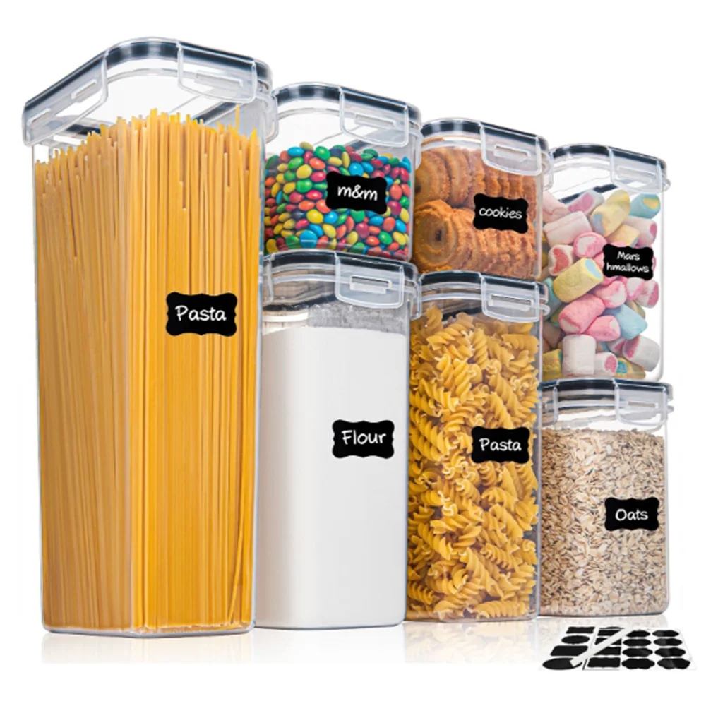 7-Piece BPA Free Kitchen Food Containers Set, Airtight Storage Box with 10 Labels & Marker Pen, Pantry Organizer