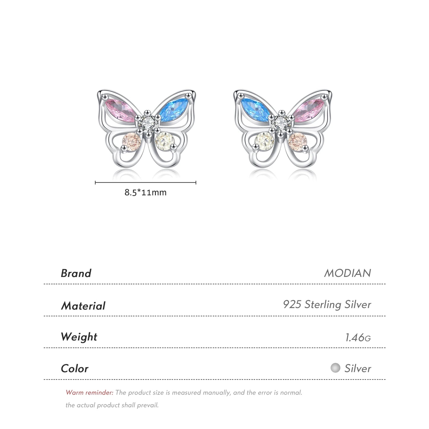 MODIAN 925 Sterling Silver Rainbow Colorful Zirconia Stud Earrings Luxury Hollow Butterfly Fine Jewelry For Women Christmas Gift