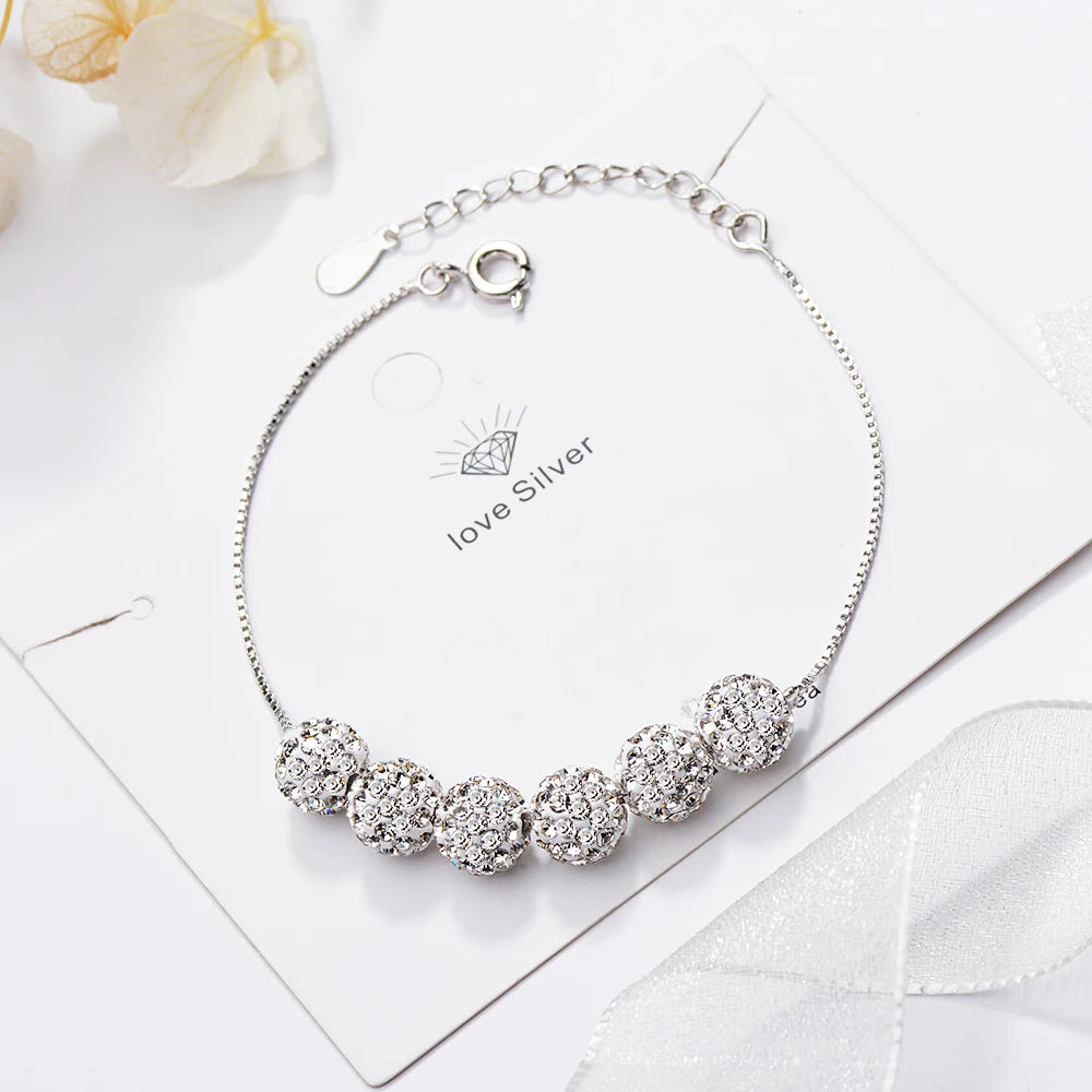 6 Pcs Crystal Beads Lucky Bracelet For Women Gift Luxury 925 Sterling Silver Chain Rhinestone Ball Bracelet Pulseira S-b228