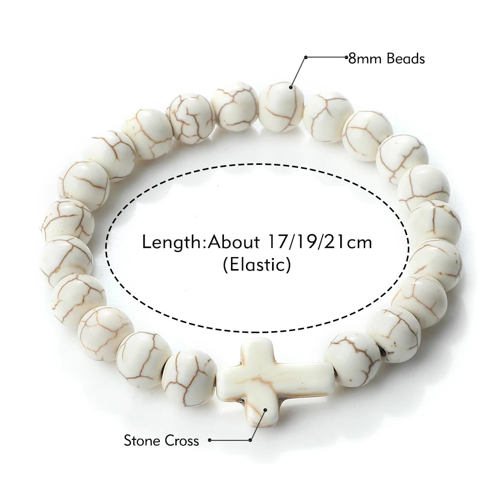 Jesus Cross Men Bracelet Natural Stone Black Lava Turquoises Onyx Beads Charm Bracelets Women Yoga Bangles Prayer Jewelry Gifts