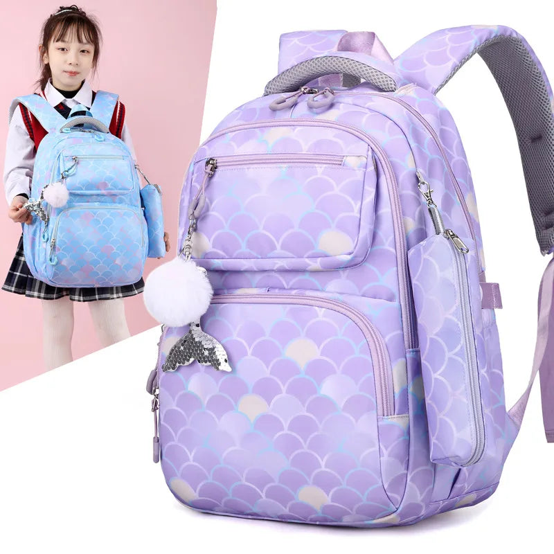 Hemasa 3pcs/Set Fish Scale Print Kid Backpack With Mermaid pendant Girl waterproof School Bag Children Schoolbag  For teenage girls