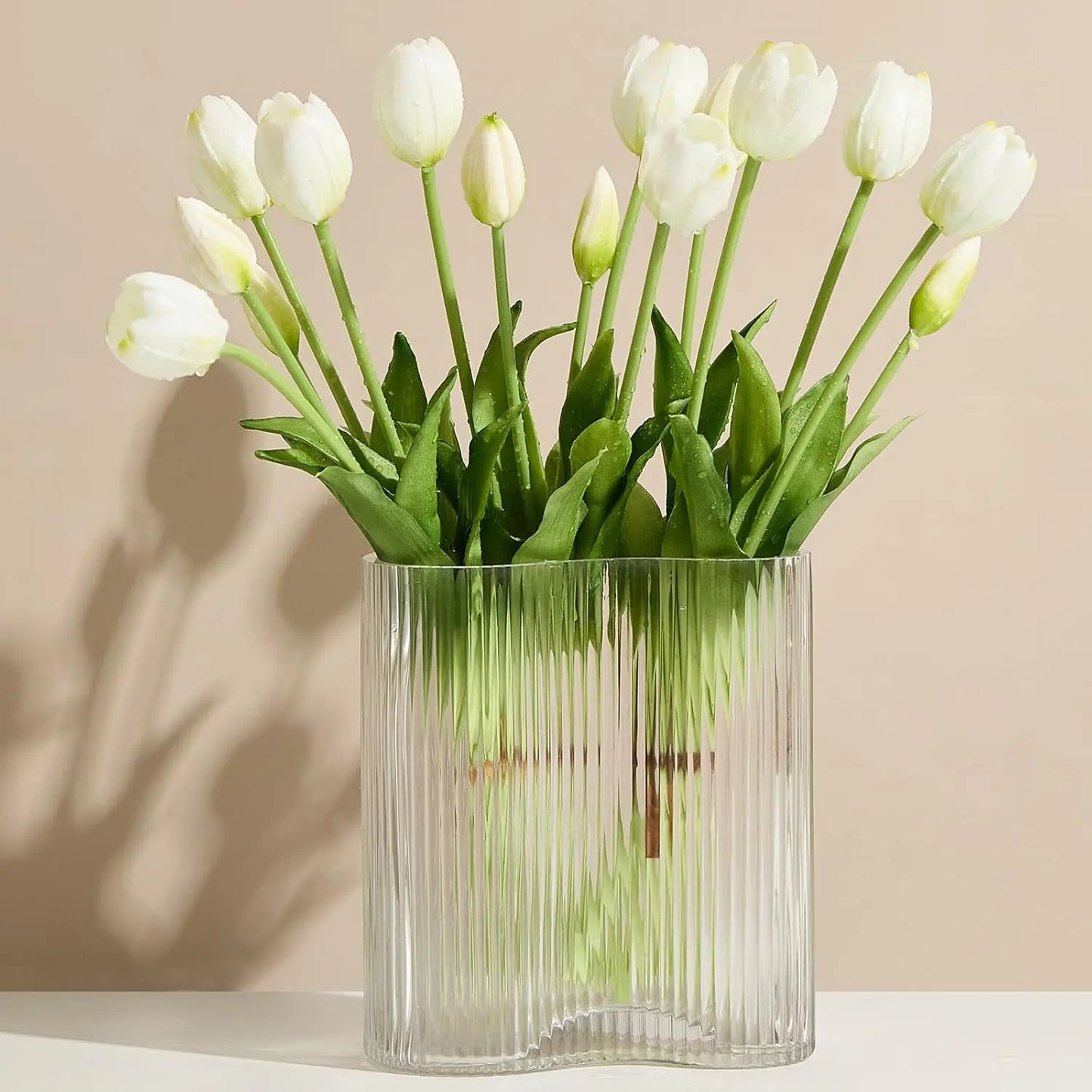 Tejesa 15pcs Real Touch Artificial Tulip Flowers Pink White Latex Tulip Bouquets for Office Wedding Party Home Room Decoration