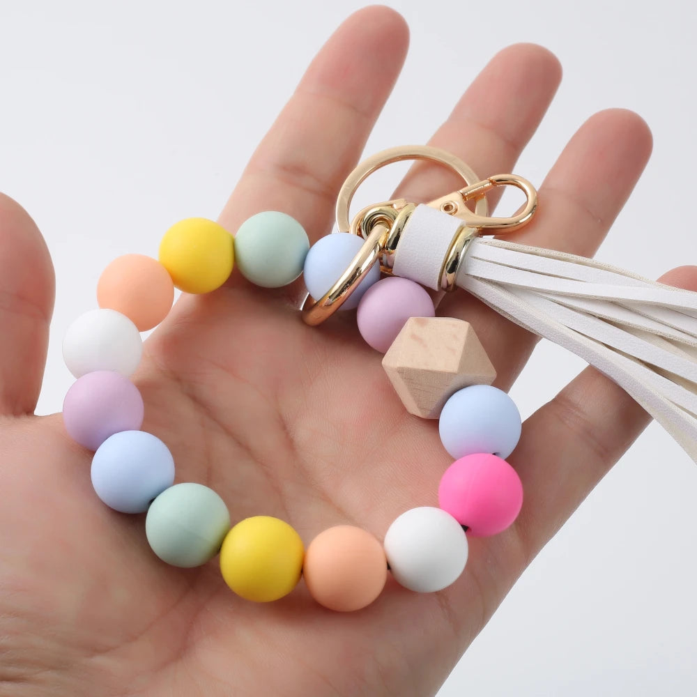 Fashion Anti-Lost Car Bag Key Chains Jewelry Gift Colorful Silicone Beaded Bracelet Keyring Women Girls Tassel Pendant Keychain