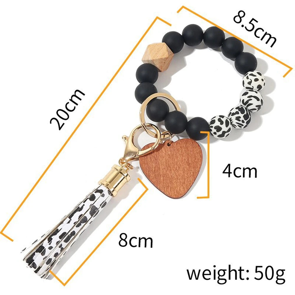 Silicone Keychain For Keys Tassel Wood Beads Bracelet Keyring For Women Multicolor Beads Keychain Fashion Keychain Wholesale
