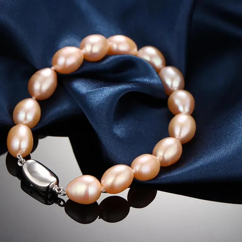 YWYC 7-8mm Natural Freshwater Pearl Bracelets 18cm Length Rice Shape White Pink Purple Bracelets for Women Jewelry Gift