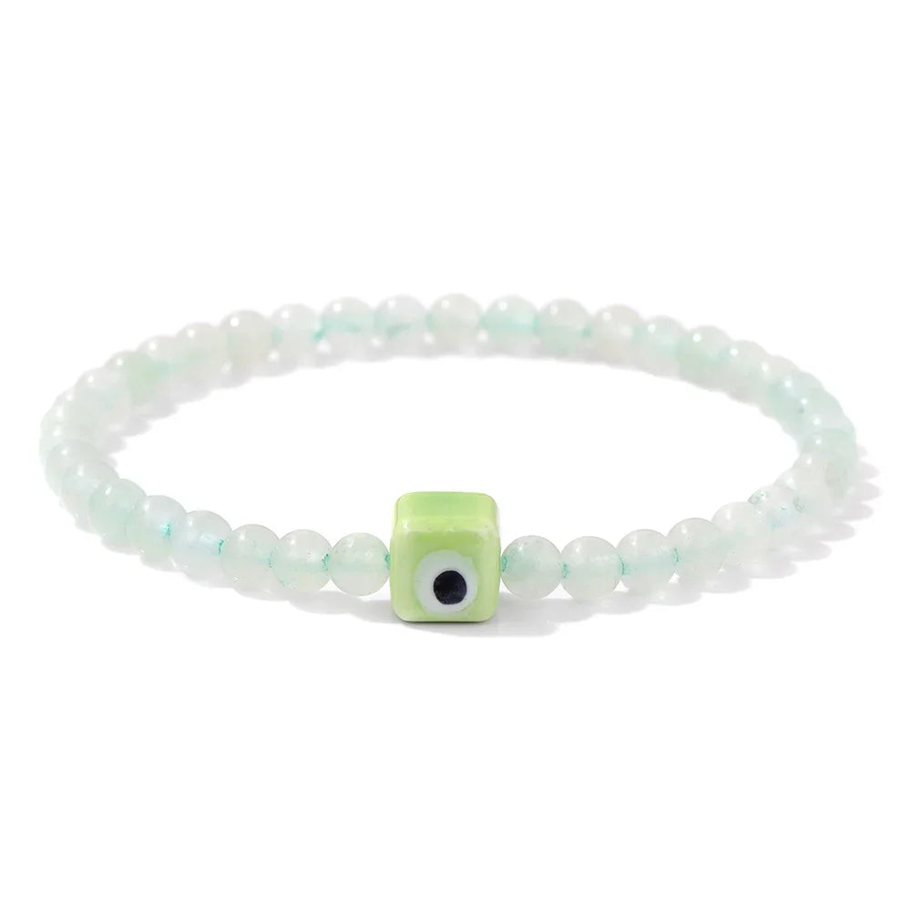 Tejesa Square Eye Bracelet Natural Stone 4mm Beads Elastic Bracelets for Women Men Turkish Evil Eye Lucky Protection Blessing Jewelry