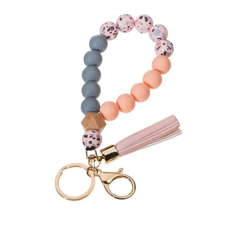 Silicone Keychain For Keys Tassel Wood Beads Bracelet Keyring For Women Multicolor Beads Keychain Fashion Keychain Wholesale