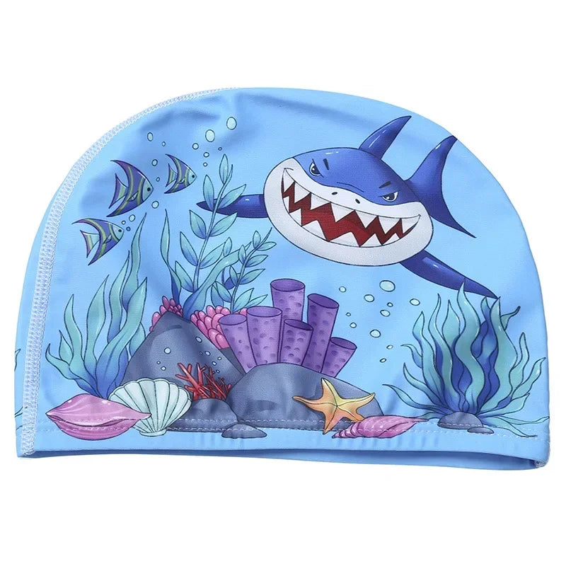 Hemasa Swimming Cap for Children Elastic Fabric Cute Cartoon for Long Hair Lovely Kids Protect Ears Swim Pool Hat for Boys Girls Swim